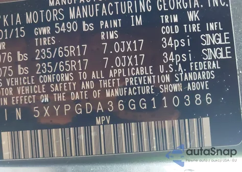 2016 Kia Sorento 2.4L Lx from USA, damaged, VIN 5XYPGDA36GG110386